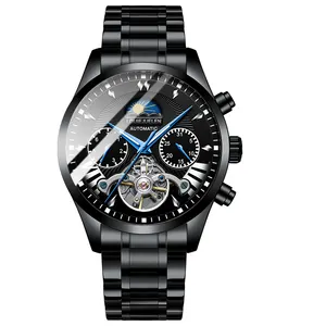 Azië Hot Koop Echt Lederen Heren Horloge Roestvrij Staal Bedrijf Mechanisch Horloge