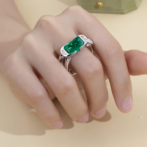 Messi Jewelry MSR-1898 925 <b>Silver</b> <b>Emerald</b> Cut <b>Emerald</b> <b>Ring</b> Women's Vintage Style Rhodium Plated May Birthstone Engagement <b>Ring</b> - Product Image 4