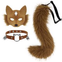 Ensemble Collier et Masque en Fausse Fourrure de Renard, Loup, Chat avec Queue Moelleuse en Cuir – Accessoire de Costume Cosplay pour Fête d'Halloween, Adultes Unisexe