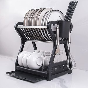 2022 Two Tier Kitchen Dish Draining Tray Kitchen Stainless Steel And Plastic Storage Holders Dish Drying Rack