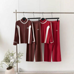 Completo in Maglia a Maniche Lunghe Autunno Inverno per Commercio Estero, Set <span class=keywords><strong>Donna</strong></span> con Maglione a Contrasto con Zip e Pantaloni a Gamba Larga - Product Image 4