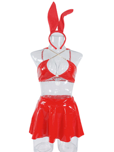 Completo da donna vestito Rave <span class=keywords><strong>Sexy</strong></span> in lattice metallizzato con catena lucida Top in pelle sintetica Mini gonna perizoma Festival musicale coniglietto 4 pezzi <span class=keywords><strong>gatto</strong></span> - Product Image 4