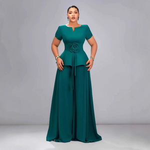 Vêtements pour femmes européennes et américaines en <span class=keywords><strong>grande</strong></span> <span class=keywords><strong>taille</strong></span> : haut à manches courtes vert foncé à volants avec motif floral tridimensionnel et - Product Image 6