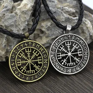 Nordic Viking Runavin Odin Logo Compass Pendant Necklace Male Trendy Jewelry Long Amulet