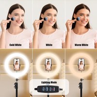 Joystar Ring Light Plastik 10 Inch dengan Tripod Stand, Rotasi 360 Derajat, Temperatur Warna Dapat Diatur, Penjepit Ponsel Fleksibel, Daya USB