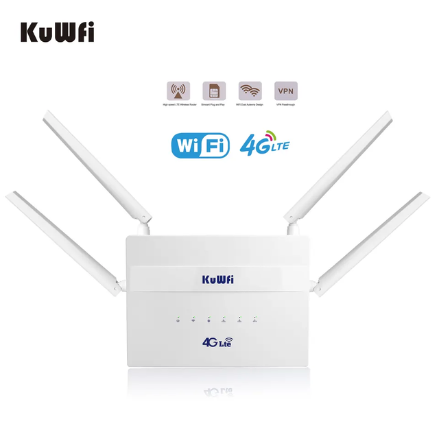 EU Hot Selling KuWFi 300Mbps Cat4 4g Modem with External Antennas 32users 4g Router Rj45 Modem Router with Sim Card Slot