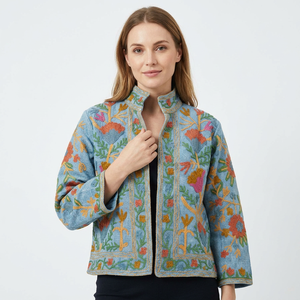 Chaqueta Suzani de Lujo para Mujer, Hecha a Mano, Estilo Boho, Tejida en Algodón, Ecológica, Transpirable, con Volantes Florales, para Festivales - Product Image 1