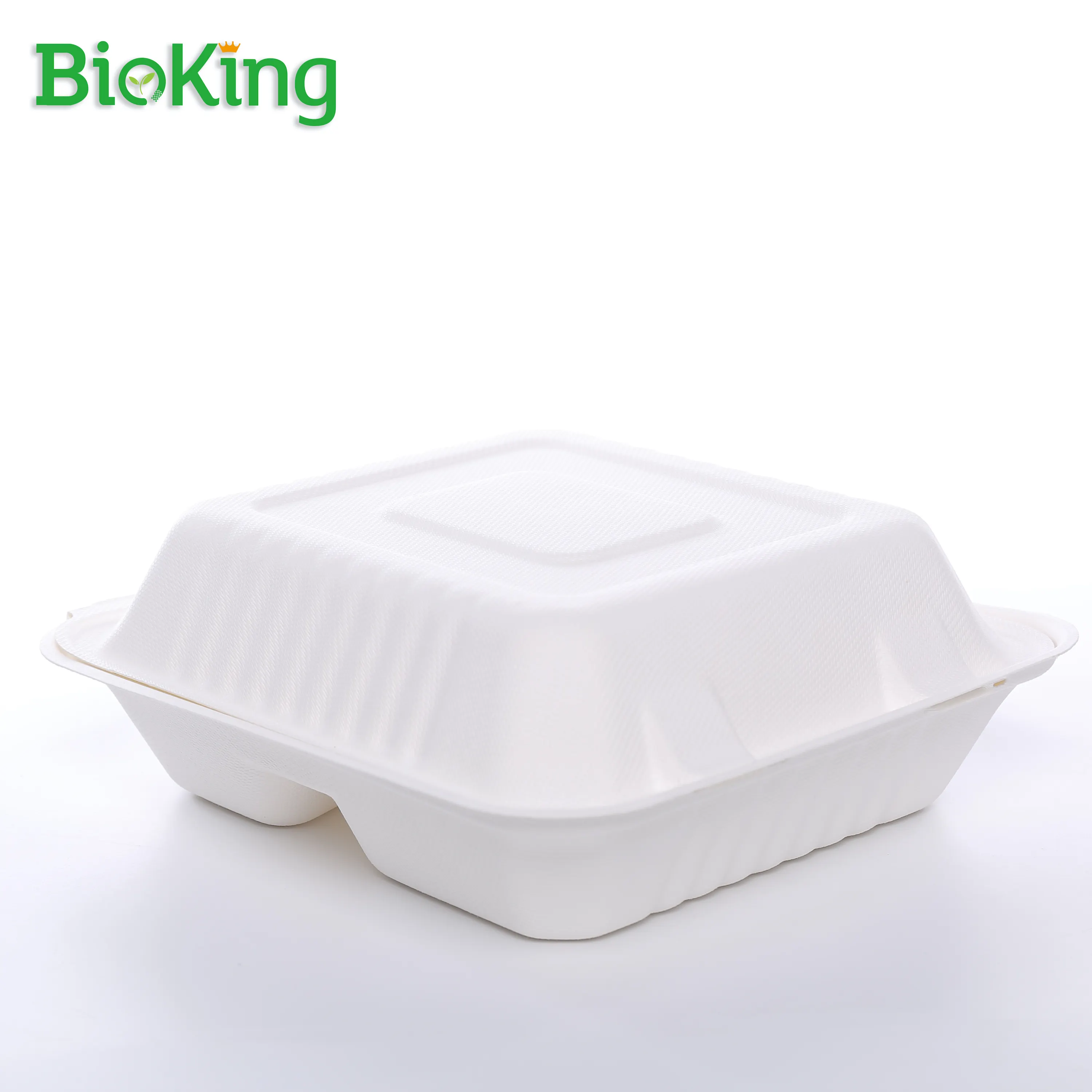 BioKing High quality disposable biodegradable lunch food container takeaway Custom 8x8 clamshell bagasse box