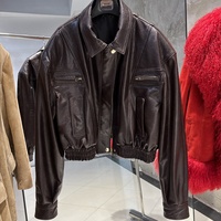 Veste en cuir véritable marron vintage pour femme, style bomber oversize en peau de mouton véritable, veste motard en cuir ample rétro style urbain