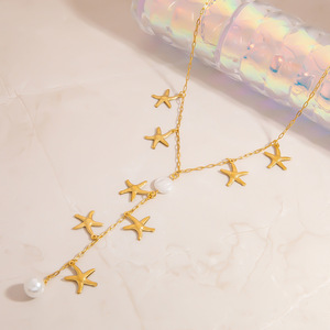 Collier de perles à motif étoile, couleur or 18 carats, chaîne de clavicule, pour femme, à porter au quotidien, thème océan, design géométrique - Product Image 4