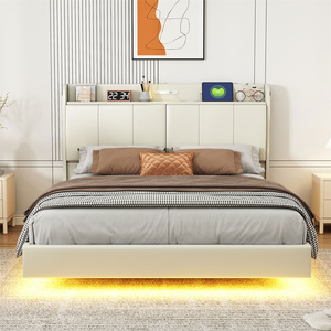 Lit plateforme moderne personnalisé en PU, taille Queen, avec cadre flottant, tête de lit avec rangement et veilleuse à capteur tactile - Product Image 6
