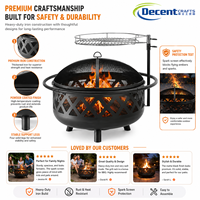 Brasero d'extérieur rond en fer avec grille de cuisson réglable à motif losanges et écran anti-étincelles en maille