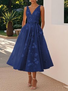 Robe de Soirée Derby pour Femme, Motif Floral, Longueur Midi, pour Invitée de Mariage, Printemps, Cocktail, Sans Manches, Coupe Trapèze avec Poches 2026 - Product Image 2