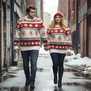 女式加大码服装两人丑陋冬季情侣毛衣情侣套头新颖女式圣诞毛衣