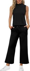 Women's Two-Piece <b>Summer</b> Outfits Knitted Mock Neck <b>Tops</b> and Wide Leg Crop Pants Eco-Friendly Vacation Travel Loungewear Sets - Product Image 4