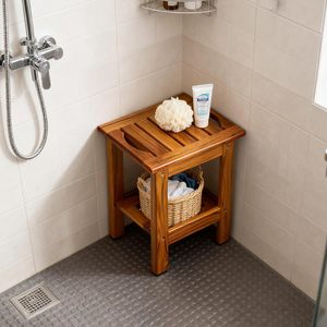 Tabouret de salle de bain en teck Ruoyi 35x35x37cm, siège de douche en bois à deux niveaux avec rangement pour salles de bain - Product Image 1