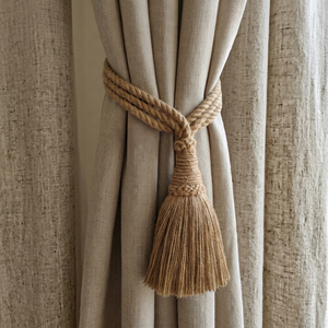 Handmade Jute <b>Curtain</b> Tieback with <b>Long</b> Decorative Tassel Rustic Style Textile Accessory - Product Image 1