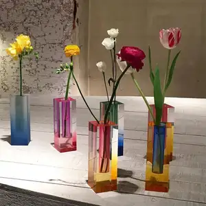 High Quality Luxury Colorful Decorative Acrylic Gift Rectangular Colored Desktop Decor Modern Acrylic Crystal Flower Table Vase