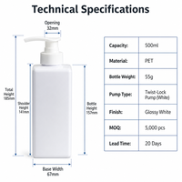 Botella Dispensadora de Champú Cuadrada de PET Vacía de 500 ml con Logotipo Personalizado, Botella de Plástico Recargable con Bomba para Loción, Acondicionador, Jabón Corporal