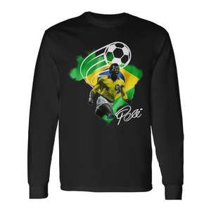 Camiseta de Manga Larga Pele Brasil, Diseño de Jugador de Fútbol, Negra - Product Image 1