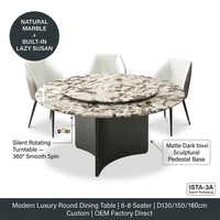 Table à manger ronde en marbre brun fantaisie naturel avec plateau tournant silencieux intégré, base sculpturale mate foncée, OEM pour hôtels et restaurants