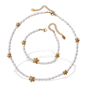 Freshwater Pearl Starfish Flower Beaded Necklace <b>Bracelet</b> Set Stainless Steel Twisted Tube Jewelry - Product Image 2