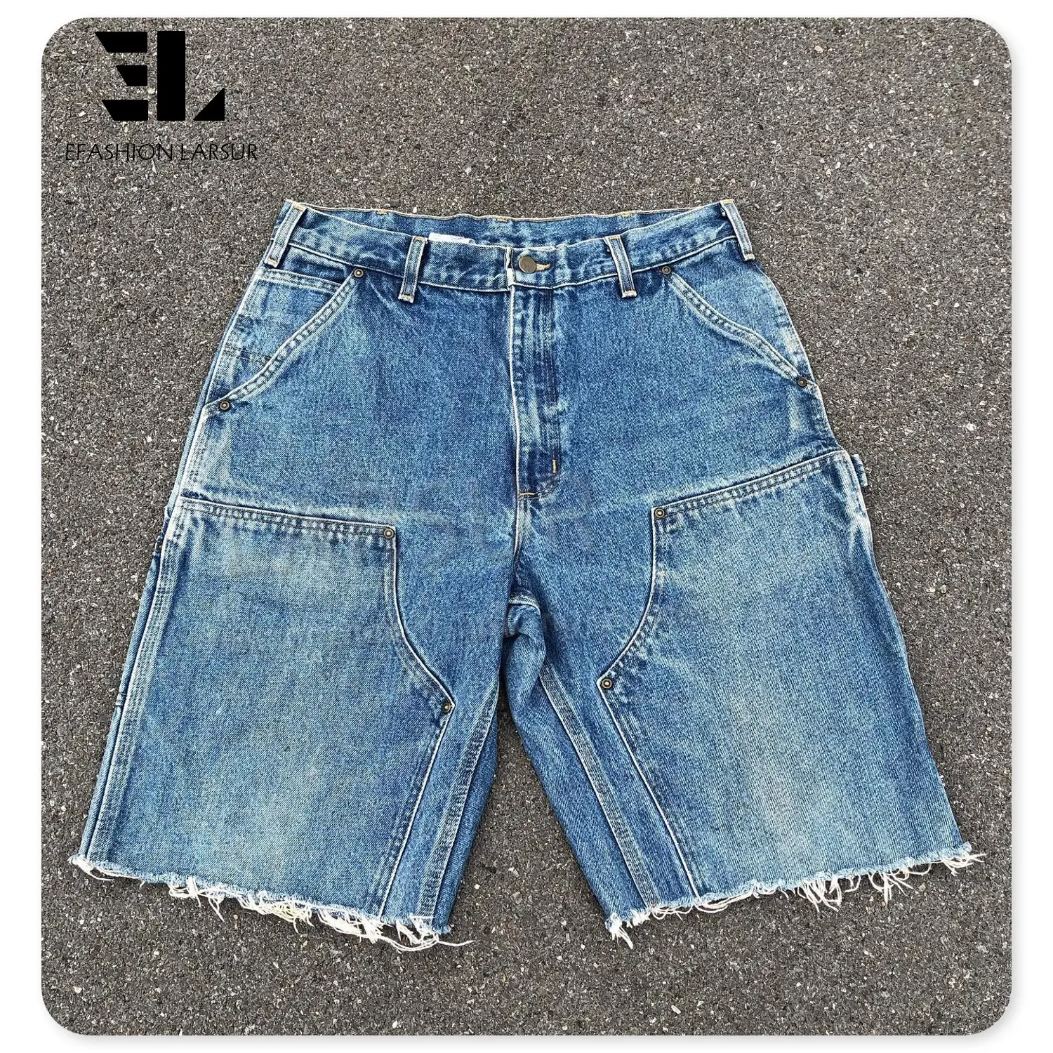 LARSUR Custom factory distress wash baggy double knee canvas twill denim carpenter cargo shorts jeans jorts work shorts pant men