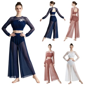 Women Latin Dance Costume For Training Lyrical Dance Crop <b>Top</b> And Sheer Mesh Pant <b>Flowy</b> Dancewear For Performances Dance Classes - Product Image 1