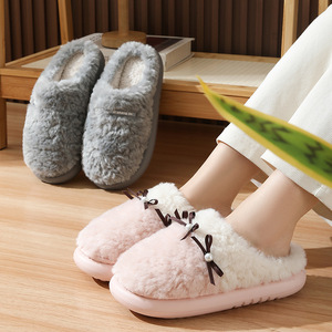 New Winter Pearl Bow Women's Warm Slippers Couple Home Bedroom Hairy Floor Mop - Product Image 4