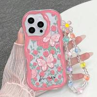 Coque de téléphone portable INS rose motif papillon et fleur avec chaîne pour iPhone 16 Plus 15 17 18 Pro Max, motif crème, coque arrière