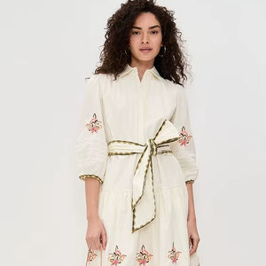 Robe maxi blanche à col en V, brodée, avec ceinture, décontractée, pour femmes, manches courtes, taille naturelle, 100% coton tissé - Product Image 1