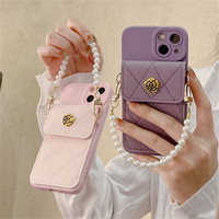 Étui portefeuille en cuir PU Camélia avec porte-cartes et dragonne en perles, coque de luxe pour iPhone 18 Pro Max 17 16 15 14 13