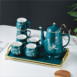 Ensemble de tasses à thé et à café en céramique de luxe nordique, marbre vert foncé - Product Image 6