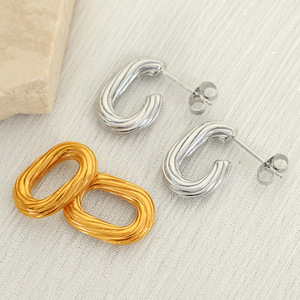 Pendientes de aro doble retorcido de aleación de zinc, joyería geométrica ovalada de dos tonos para mujer, EH496 - Product Image 3