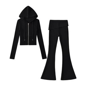 เสื้อผ้าผู้หญิงสำหรับฤดูใบไม้ร่วง - เสื้อมีฮู้ดเข้ารูปเอว & กางเกงขาบานทรงสลิมฟิต ชุดลำลองสปอร์ต 2 ชิ้น แฟชั่น - Product Image 4