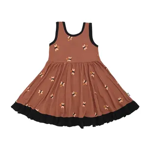 Offre Spéciale nouvelle arrivée été robe sans manches pour filles plaine teint o-cou enfants vêtements avec nœud à volants pour petites filles robe