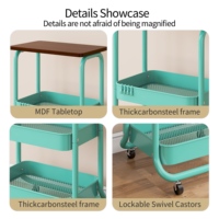 Chariot utilitaire à roulettes 3 niveaux avec plateau en MDF, cadre en fer et paniers métalliques, chariot de rangement portable pour chambre et salon