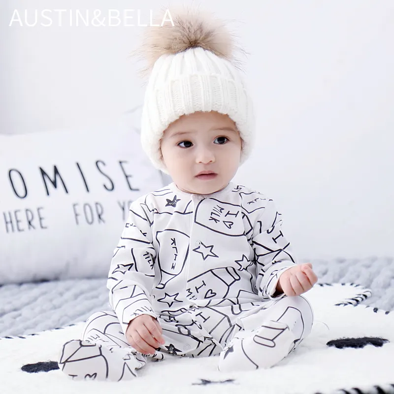 AustinBella/boutique newborn 0-3 6 9 12 to 18 months baby boy footied romper jumpsuit fall winter baby clothing 100% cotton