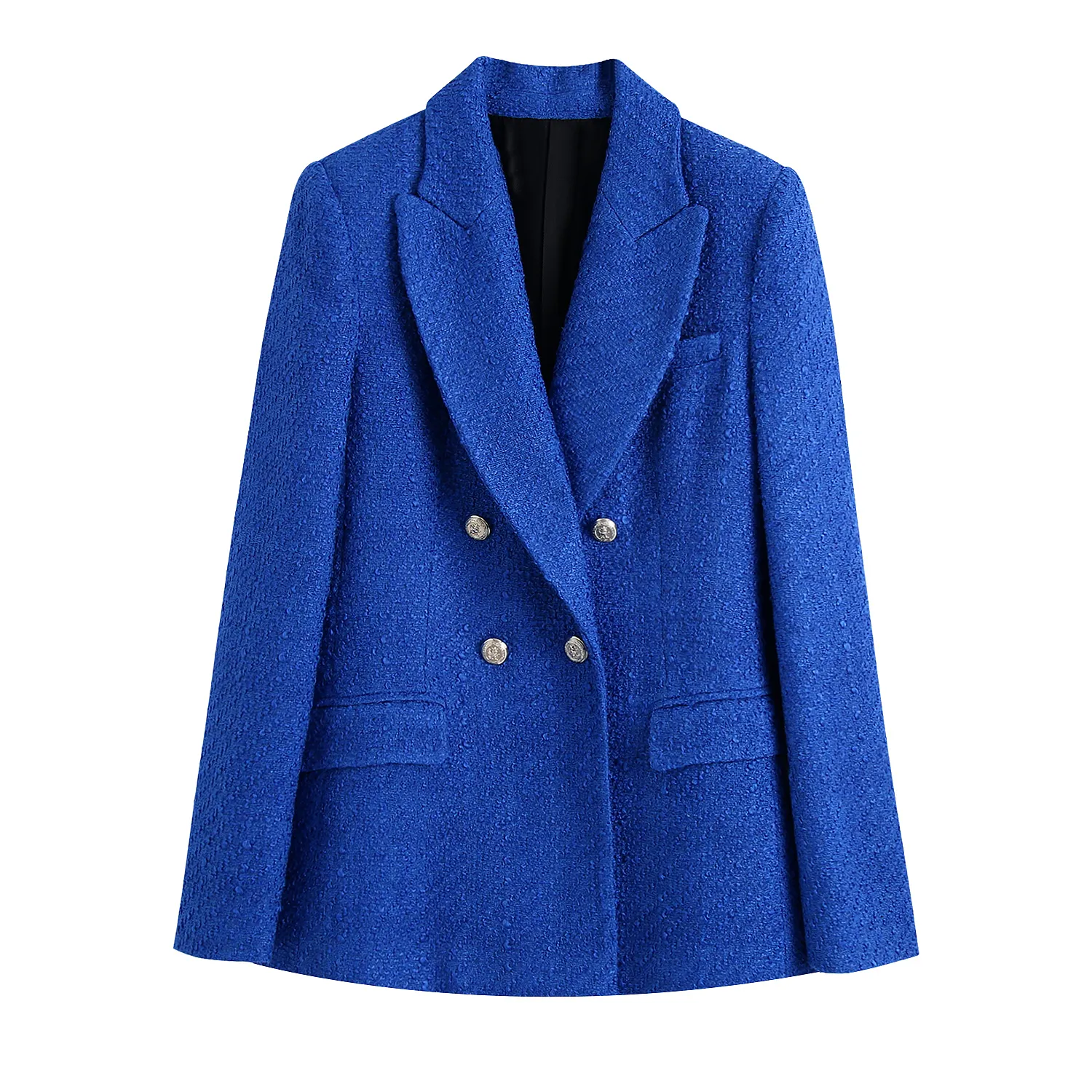 Blue color long sleeve notched collar ladies tweed jacket double breasted women slim fit blazer