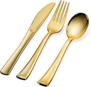 Gold Plastic Silverware Set, Disposable Flatware, Heavyweight Cutlery, Silver Luxury Spoon Fork Knife for wedding Party