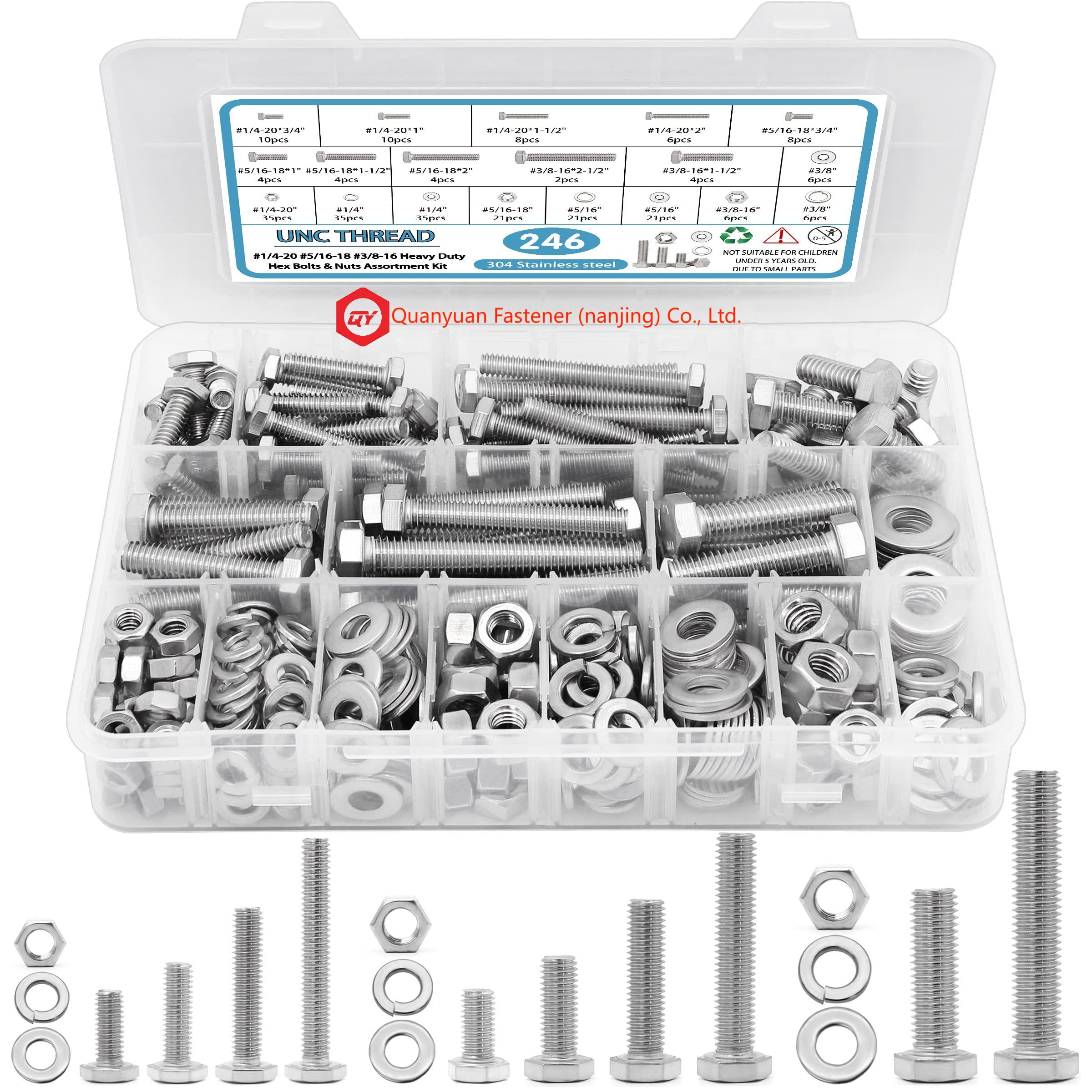 246PCS 육각 너트 및 볼트 구색 키트, 스테인레스 스틸 패스너 볼트 너트 키트 육각 헤드 나사 볼트 Din 933 Din 934