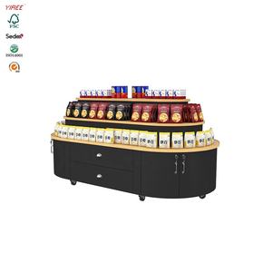 Accesorios de tienda de aperitivos personalizados de visión completa, artículos de supermercado de 3 niveles de madera, estantes de supermercado de alimentos de doble cara - Product Image 3