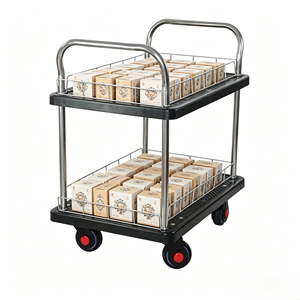 Chariot de manutention logistique à 2 niveaux et 4 roues, panneau en plastique noir 65*110cm, ultra silencieux, glisse fluide, grande capacité de charge pour outils - Product Image 1