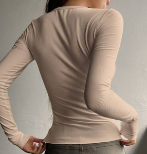Europe et États-Unis matériau côtelé demi-bouton <span class=keywords><strong>chaud</strong></span> épice sexy mince à l'extérieur pour porter des vêtements pour femmes <span class=keywords><strong>t</strong></span>-<span class=keywords><strong>shirt</strong></span> à manches longues - Product Image 6