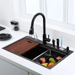 Lavello da cucina nero con portacoltelli lavabo per verdure con tagliere lavello nero Pia in acciaio inossidabile 75x45 cm