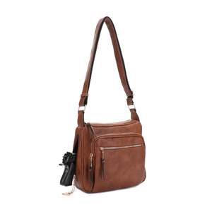 Einfarbige Leder-Umhängetasche mit verdecktem Waffenholster und offenem Reißverschluss für Damenreisen - Product Image 4