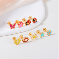 Anting-anting stud enamel warna-warni dari stainless steel, motif kucing lucu, bunga, bintang, antialergi, tahan air, perhiasan untuk wanita