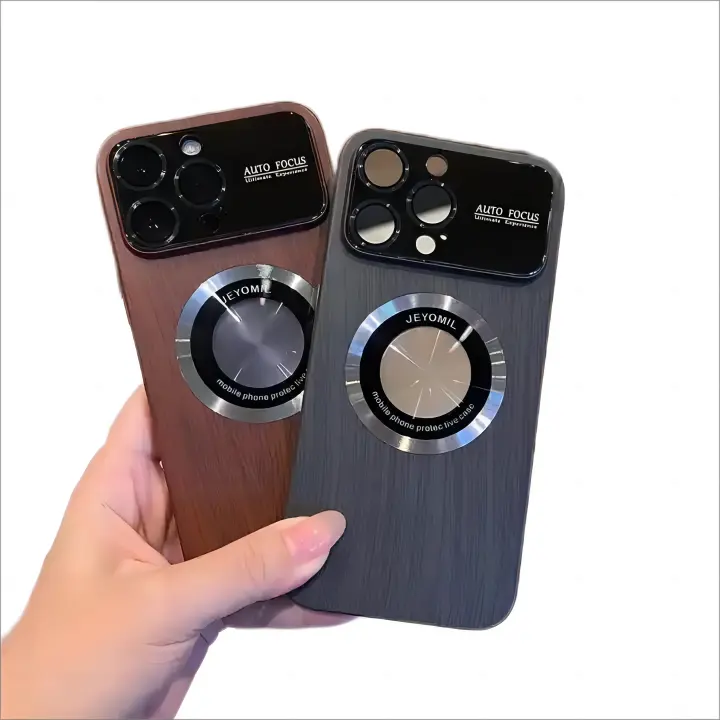 New Large Viewing Window Magnetic Phone Cover For Iphone 15 14 13 12 Pro Max Camera Lens Wooden Grain Hollow Out PC Phone Case