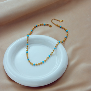 Gold Bead Titanium Steel Turquoise Beaded Chain Necklace Ball Shape Geometric Design Fashion Jewelry Yiwu Origin N1813 - Product Image 3