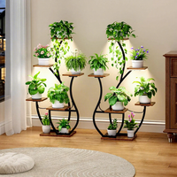 Support de plantes à 6 niveaux avec éclairage LED pour culture intérieure, en métal et bois, pour balcon et plantes vertes – Lot de 2 – Vente en gros usine